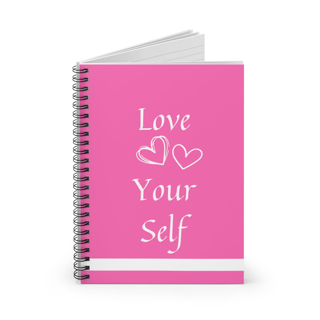 Self-Love Embrace Notebook – 'Love Yourself' Pink & White Design with Heart Accents | 118-Page Ruled Spiral Journal for Daily Inspiration - captivatingconversationsstarters