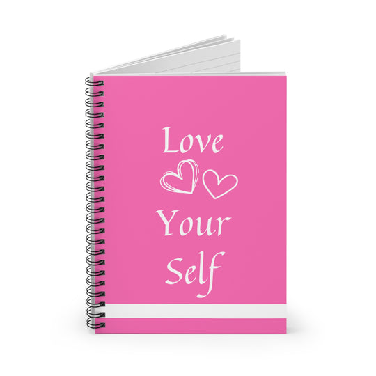 Self-Love Embrace Notebook – 'Love Yourself' Pink & White Design with Heart Accents | 118-Page Ruled Spiral Journal for Daily Inspiration - captivatingconversationsstarters