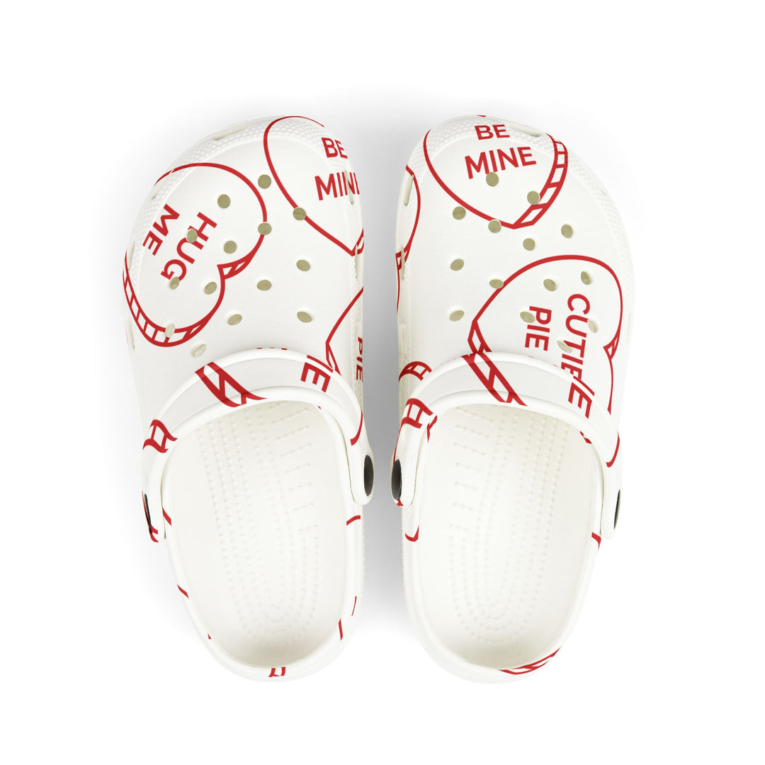 Kids Valentine’s Day Candy Heart Foam Clogs | Adorable All-Over Print with Fun Phrases - captivatingconversationsstarters