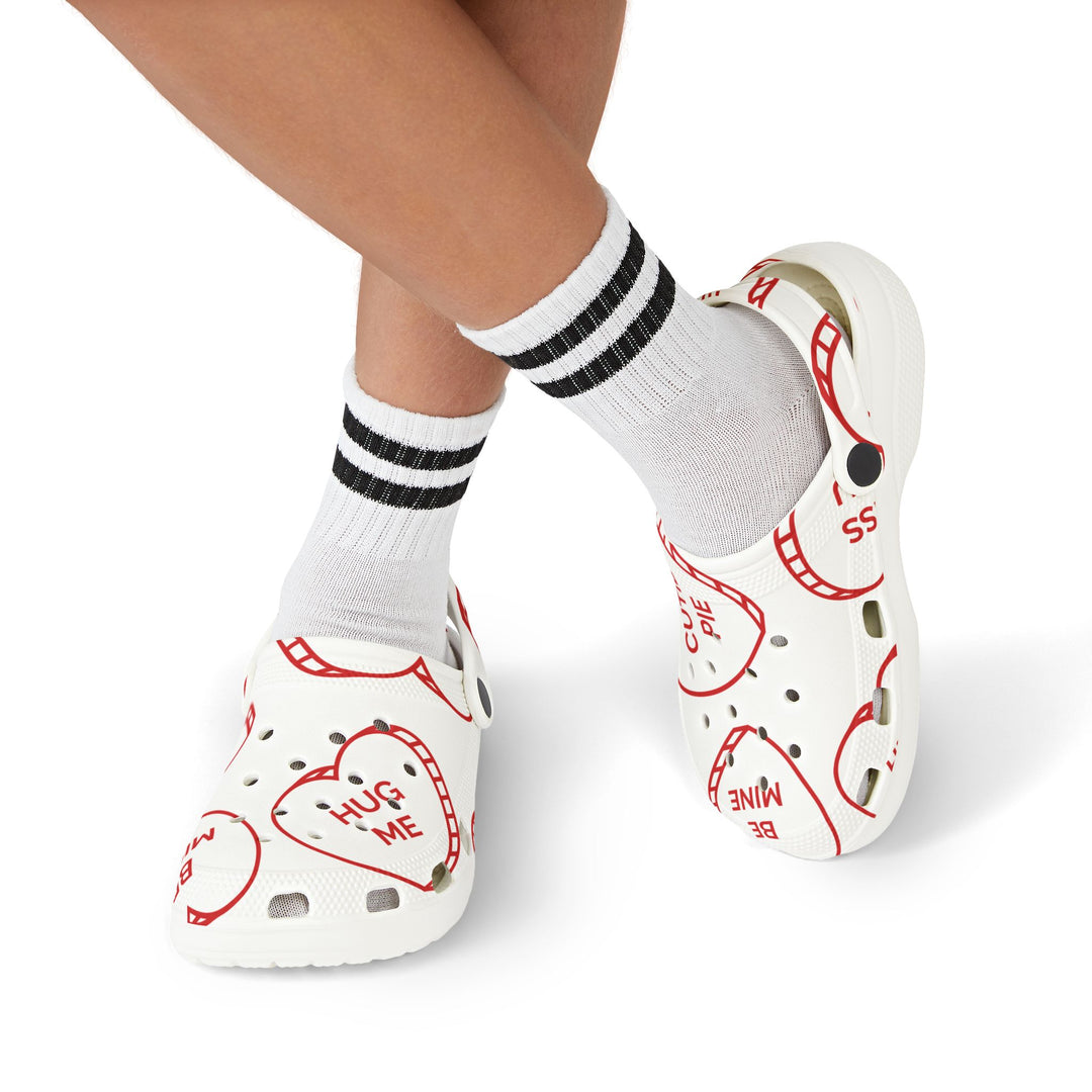 Kids Valentine’s Day Candy Heart Foam Clogs | Adorable All-Over Print with Fun Phrases - captivatingconversationsstarters