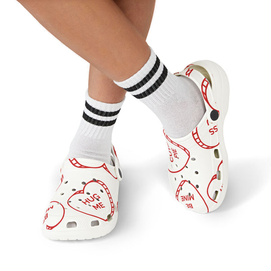 Kids Valentine’s Day Candy Heart Foam Clogs | Adorable All-Over Print with Fun Phrases - captivatingconversationsstarters