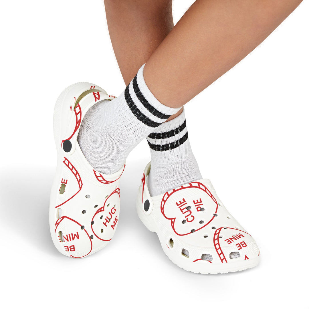 Kids Valentine’s Day Candy Heart Foam Clogs | Adorable All-Over Print with Fun Phrases - captivatingconversationsstarters
