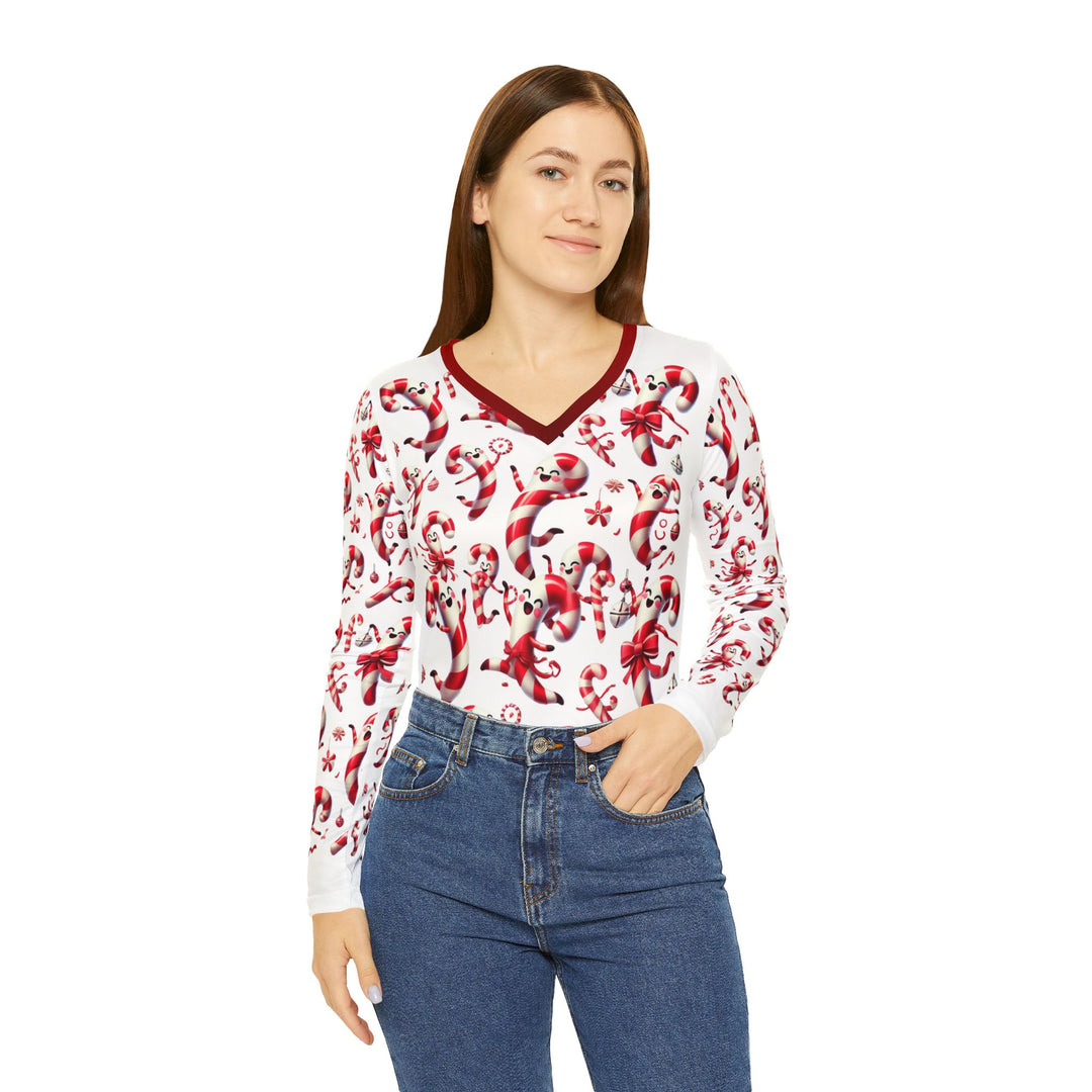 Festive Women's Long Sleeve Shirt – All Over Joyful Dancing Candy Canes Print – Perfect Holiday & Christmas Sweater - captivatingconversationsstarters