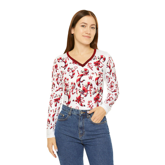 Festive Women's Long Sleeve Shirt – All Over Joyful Dancing Candy Canes Print – Perfect Holiday & Christmas Sweater - captivatingconversationsstarters