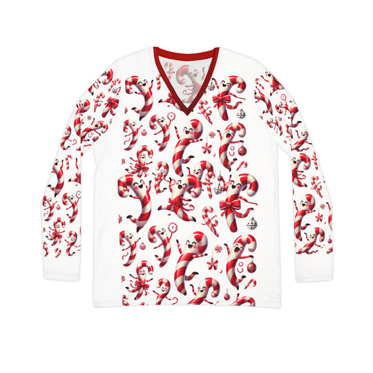 Festive Women's Long Sleeve Shirt – All Over Joyful Dancing Candy Canes Print – Perfect Holiday & Christmas Sweater - captivatingconversationsstarters