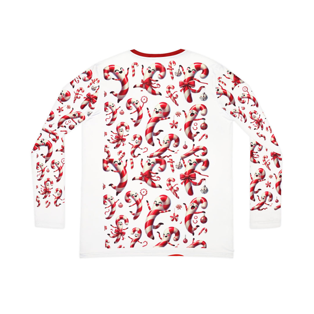 Festive Women's Long Sleeve Shirt – All Over Joyful Dancing Candy Canes Print – Perfect Holiday & Christmas Sweater - captivatingconversationsstarters