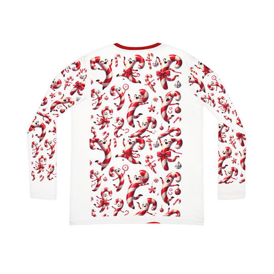 Festive Women's Long Sleeve Shirt – All Over Joyful Dancing Candy Canes Print – Perfect Holiday & Christmas Sweater - captivatingconversationsstarters