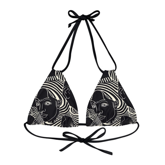 Timeless Strappy Triangle Bikini Top – White Swirl Faces | Comfortable, Stylish, and 4-Way Stretch Fit - captivatingconversationsstarters