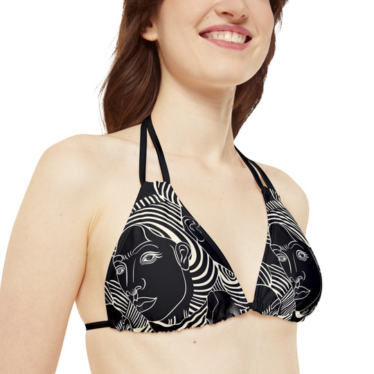 Timeless Strappy Triangle Bikini Top – White Swirl Faces | Comfortable, Stylish, and 4-Way Stretch Fit - captivatingconversationsstarters