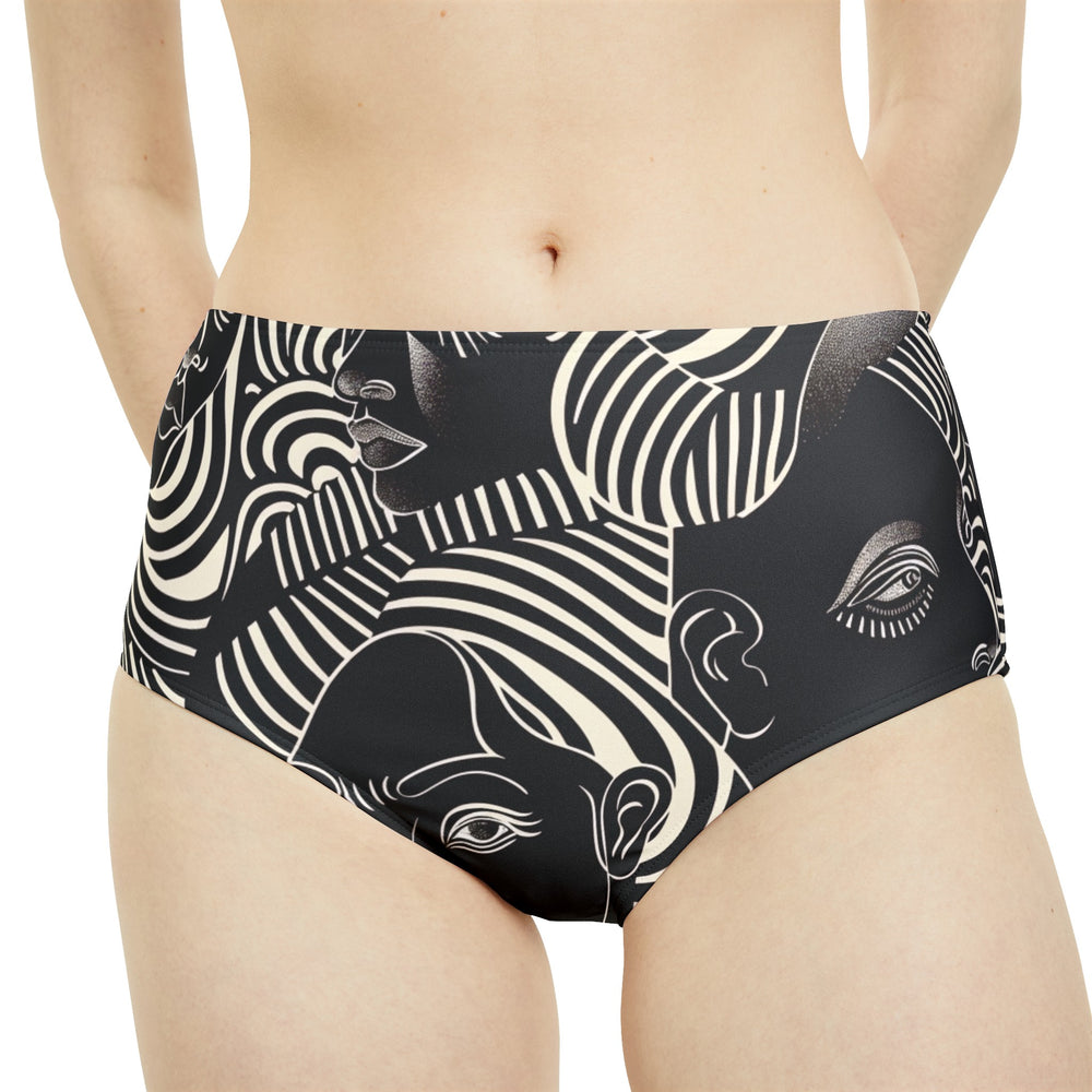 Timeless Elegance: High-Waist Black Bikini Bottom with Artistic White Face Swirls | Comfort Meets Style - captivatingconversationsstarters